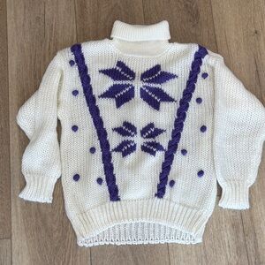 Cozy White and Purple Turtleneck Sweater